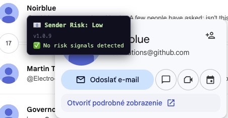 Sender risk tooltip in Gmail
